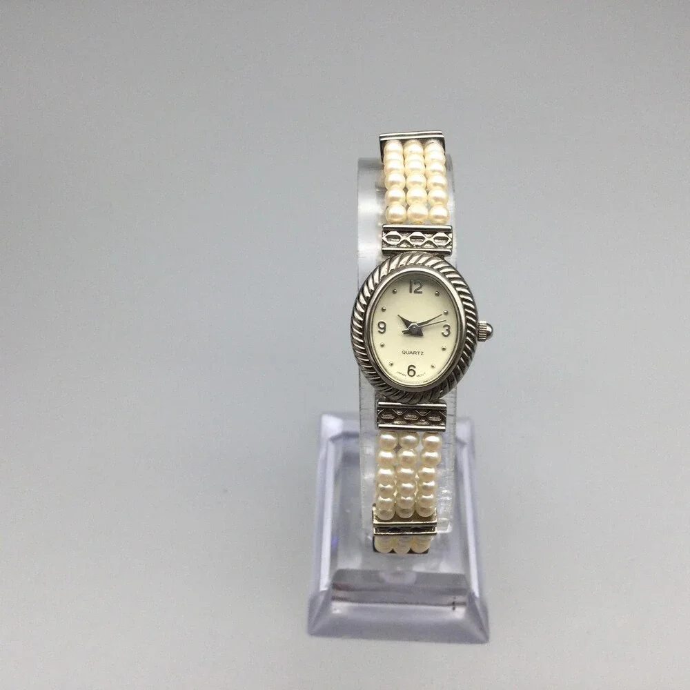 Avon Womens Watch 18mm Cream Oval Dial Faux Pearl Bracelet New Battery